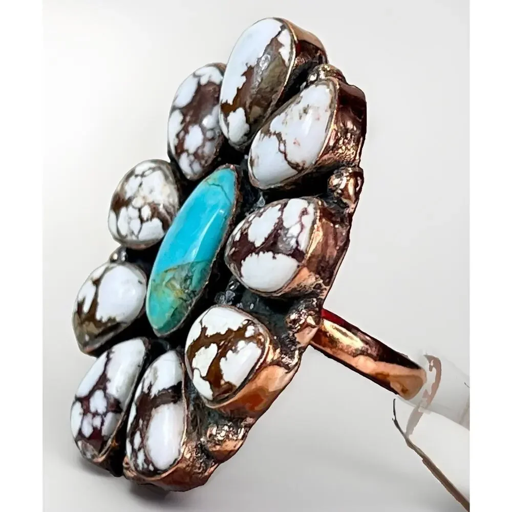Southwestern Mojave Turquoise Wild Horse Copper Cluster Statement Ring Adjust Sz